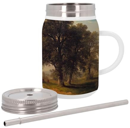 Thermobecher aus Edelstahl mit Deckel und Strohhalm – Wiesenfarbe mit Buccolic Champêtre Kühen – 500 ml – Thermobecher