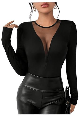 GORGLITTER Women's Mesh Sheer T Shirts Going Out Tops Low Cut Long Sleeve Crewneck Sexy Skinny Party Tops Black M