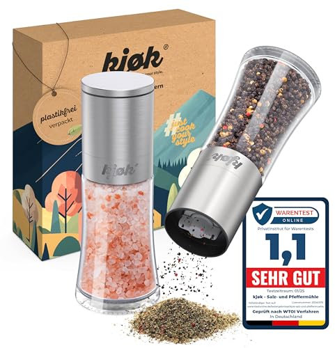 kjøk Premium Moulin à sel et à poivre acier inoxydable brossé, verre et sans BPA, mécanisme en céramique réglable - set de 2 moulins manuels pour épices sèches - sans contenu