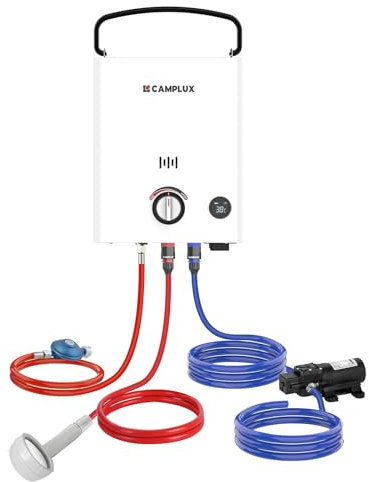 CAMPLUX First 5 L/Min Calentador de Agua a Gas, GPL (50mbar), con Bomba de Agua & Mango, para Ducha al Aire Libre/Camping/RVs, F5 Pro-DE