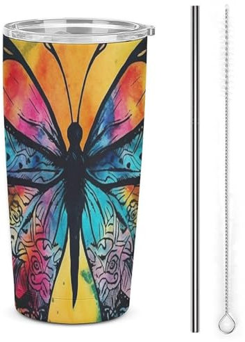 Coffee Cups with Lids Car Cup Stanley Cup Tumble Sealed Double Drinking Lid Stainless Steel Straw Butterfly Tie Dye Printed Mugs Fits in Car Cup Holder (20 OZ)
