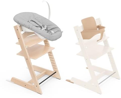 Trona Tripp Trapp de Stokke, Natural (Incluye Silla + Baby Set 2) con Newborn Set (Grey) - Diseño Seguro, Ajustable y Ergonómico