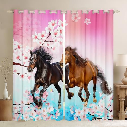Loussiesd Kinder Pferd Vorhänge für Schlafzimmer Chic Kirschblüte Fenstervorhang 245x140cm Galoppierendes Pferd Gedruckt Blickdichte Vorhänge Wild Tier Verdunkelung Gardinen Rosa Dekor