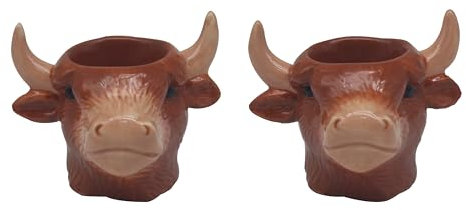 The Leonardo Collection Highland Cow Eggcups | Set of 2 Ceramic Egg Cups with Rustic Highland Cow Design | Country Farmhouse Style Tableware | Ideal for Breakfast, Brunch or Decorative Use
