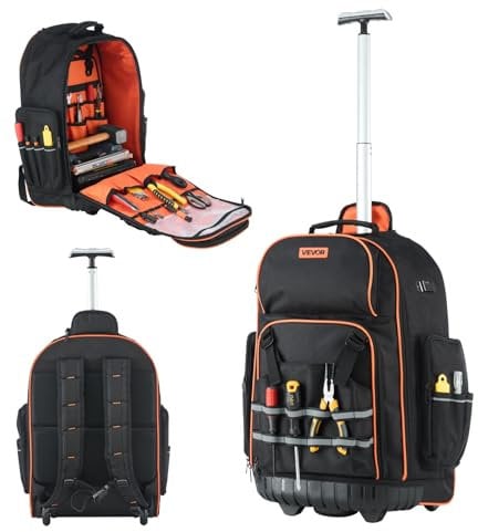 VEVOR Werkzeugrucksack mit Rollen, 50 kg Tragkraft, 72 Taschen, Werkzeugtasche, verstellbarer Teleskopgriff & stabile Basis, Arbeitsrucksack-Organizer für Bau & Mechanik, 450x275x560 mm