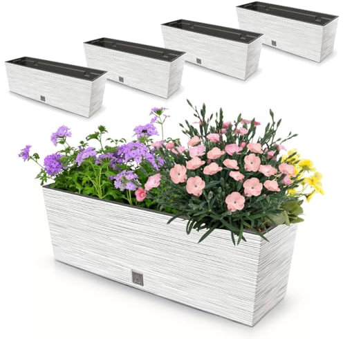 botle 4 Stck. Blumenkasten Meißel Balkonkasten Pflanzkasten Weiß 18L 58 cm mit Topf Einsatz 12L Pflanzkübel Einzigartiger Blumentopf Kunststoff Selbstbewässernd Drainageloch