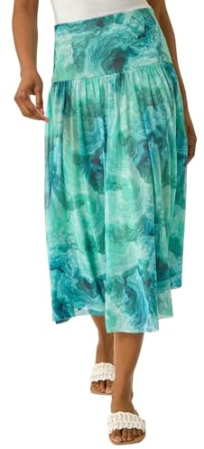 Roman Originals Marble Print Mesh Layer Skirt for Women UK - Ladies Everyday Holiday Spring Summer Comfy Soft Evening Vacation Work Party - Aqua - Size 20