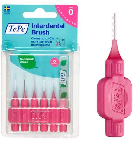 TePe Interdental Brush Original, Soft Dental Brush for Teeth Cleaning, Pack of 6, 0.40 mm, Extra-Small/Small Gaps, Pink, Size 0