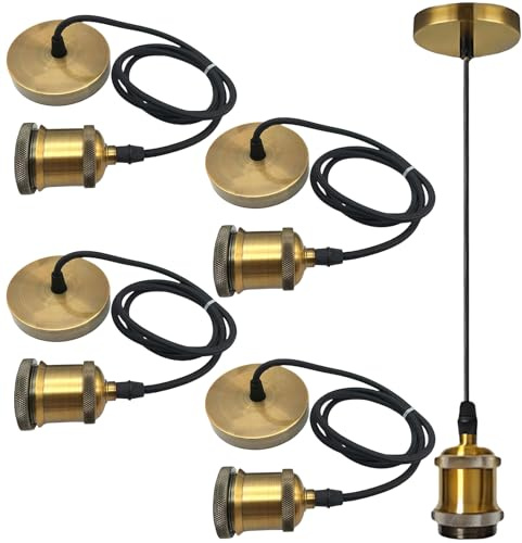 Juego de 4 lámparas colgantes doradas E27 con cable de 100 cm, portalámparas de metal vintage, juego de lámpara colgante con anillo de tornillo, soporte de lámpara de techo para salón, cocina y