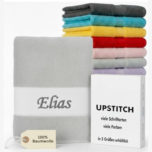 Upstitch Studios Handtuch mit Namen oder Wunschtext Bestickt, personalisiertes Duschtuch, individuelles Badetuch, 100% Baumwolle,30x50cm,50x100cm,140x70cm,80x200cm,100x210cm (hellgrau, 30 x 50cm)