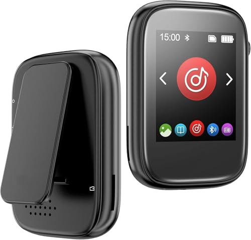Portable Kids Mp3 Player with Clip on Back,Small Music Player with Bluetooth5.3,Touch Screen,Biult-in FM Radio Voice Record,Earphones Included, Max 512GB Expand(Black)