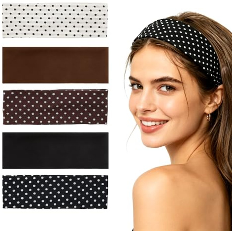 5er Set Vintage Stirnbänder Damen Polka Dot – Weiches Elastisches Haarband Breit Retro Kopfband für Alltag, Freizeit & Outfit Styling