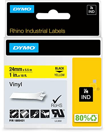 DYMO Rhino-Industrie-Vinyletiketten | 24 mm x 5,5 m | schwarz auf gelb | selbstklebendes Schriftband | für DYMO Rhino und LabelManager Beschriftungsgerät