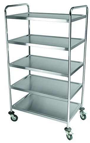 Servierwagen aus Edelstahl - 4 schwenkbare Rollen mit Rammschutz, davon 2 mit Feststeller, Tragfähigkeit: Ca. 75 kg pro Bord, Artikel muss montiert werden / 5 Borde - Abmessung: 85 x 54 x 154 cm, Abmessung Bord: 83 x 51 cm, Abstand: 26 cm