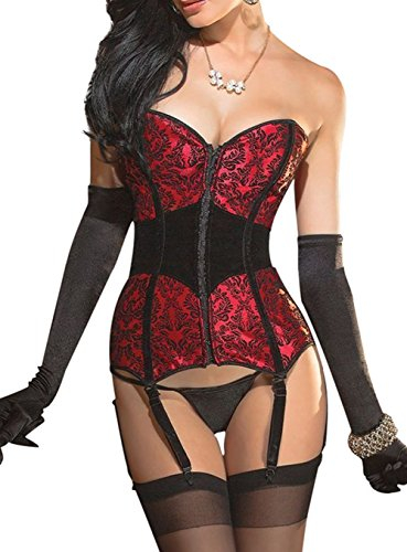 KUOSE Damen Burleske Body Shaper Mieder Vollbrust Corsage Top mit Strapshalter, Rot,XXL