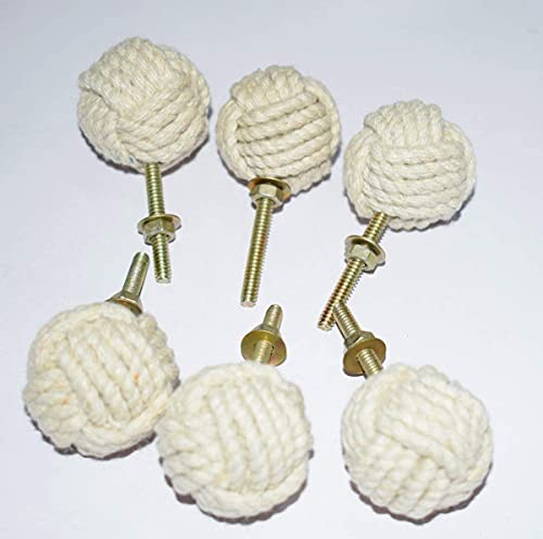 RII Nautical White Cotton Rope Door Knobs/Rope Knot Drawer Pulls and Knobs/Pull and Push Handle Knobs for Cabinets, Wardrobes & Cupboards/Nautical Hardware Decor,33 mm, Set of 6