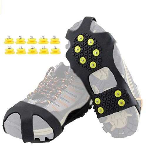 HoFire Ice Cleats for Shoes and Boots, Ice Snow Traction Cleats Grippers, Non Slip Shoe Ice Grippers,10 Steel Rubber Spikes Crampons Anti Easy Slip Studs Crampons Slip-on Stretch Footwear(Black, S)