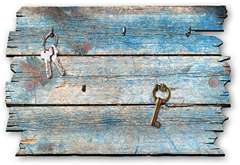 Kreative Feder Holzstruktur blau Designer Schlüsselbrett, Hakenleiste im Landhaus-Stil, Shabby-Chic aus Holz 30x20cm (Holzstruktur blau)