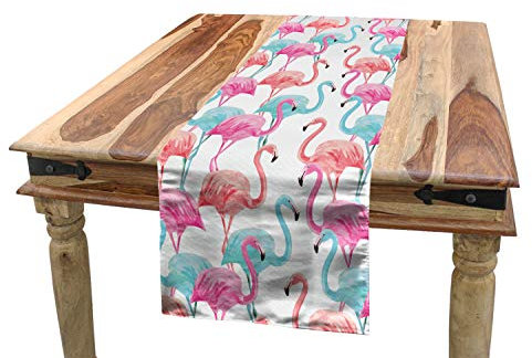 ABAKUHAUS Aquarell Tischläufer, Hawaii Flamingos, Esszimmer Küche Rechteckiger Dekorativer Tischläufer, 40 x 180 cm, Babyblau Lachs