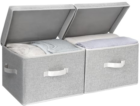 SorageWorks Stoff Aufbewahrungsbox mit Deckel, faltbare Aufbewahrungsboxen für Schlafzimmer, dekorative Boxen Aufbewahrung mit Deckel, Stapelordnungsboxen mit Deckel, groß, grau, 2 Stück
