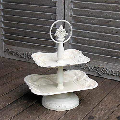Hermoso Etagere Rectangular Shabby Chic Crema Crema con Mango 2 Plantas Antiguo Cuenco Frutero Vintage H33cm