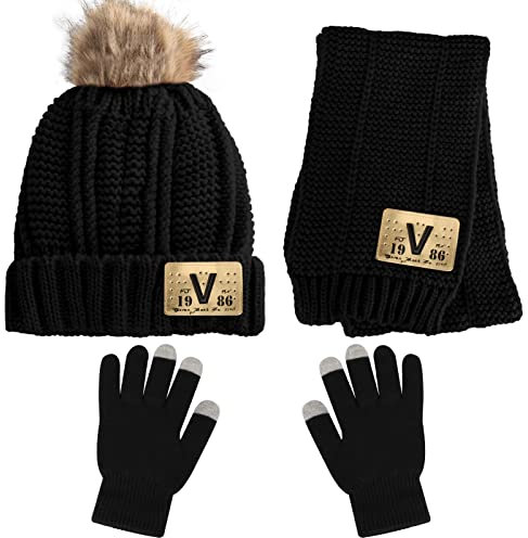 Runloon Strickmütze/Schal/Handschuhe, Unisex, wendbar, warm, Winter-Set mit Beanie-Schal und magischem Stretch-Handschuh für 4–12 Jahre, Jungen und Mädchen, Geschenk für kaltes Wetter, Schwarz, M