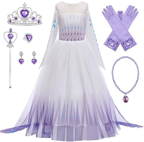 New front Déguisement Princesse Elsa Fille Robe de Princesse Reines des Neiges 2 Manches Longues Costume et Accessoires Noël Halloween Anniversaire Robe de Cosplay Couronne Baguette,Violet,130