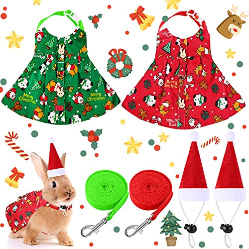 4 Stück Kleintier Weihnachtskostüm Kaninchen Xmas Bunny Kleidung mit Geschirr Santa Hut Bunny Kostüme und Leine Weihnachten Kleintier Outfits für Haustier Kaninchen Meerschweinchen Igel Frettchen