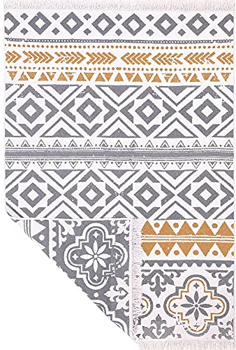 Fashion4Home Teppich Läufer - Tepiche für Wohnzimmer, Schlafzimmer, Küche, Kinderzimmer, Badezimmer - Boho Kelim - Läufer Flur, Ceramic-Hellgrau-Gold, Größe: 140x200 cm