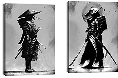 ZHONGYUTONG Schwarz Weiß Japan Samurai Porträt Leinwandbilder mit Rahmen 2 Teilig Japanischer Kunstdruck Wanddekoration Poster für Wohnzimmer (30x45cmx2 Stück)