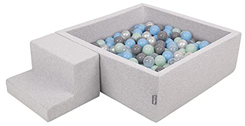 KiddyMoon Spielplatz Aus Schaumstoff Mit Quadrat Bällebad (100 Bälle) Ballgruben Für Babys Spielbad Hindernisläufen, Hergestellt In Der EU, Hellgrau:Perle/Grau/Transparent/Babyblue/Minze