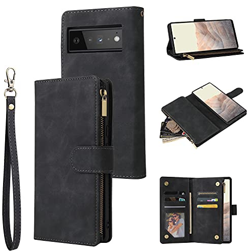 QLTYPRI Hülle für Google Pixel 6, Premium Leder Handyhülle mit Große Kapazität 6 Kartenfach & 1 Reißverschluss Tasche Ständer Schutzhülle für Google Pixel 6 - Schwarz