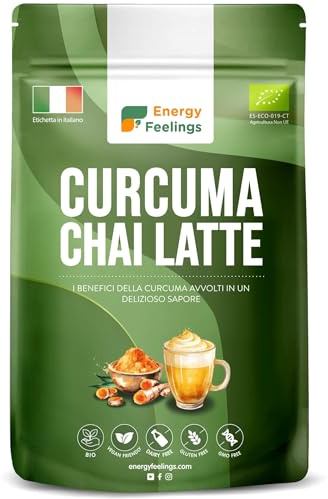 Energy Feelings Curcuma Chai Latte in Polvere BIO 500g,Golden Milk, Latte Dorato. Antiossidante e Antinfiammatorio Naturale. Curcuma con Zenzero Pepe Nero e Cannella, Senza Glutine, Vegano