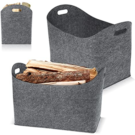 Aufun Cestino Portalegna da Interno, 2 X Borsa portalegna Cesta con Manici Rinforzati,Cesto in Feltro Porta Legna per la conservazione di legno, giornali (55 x 30 x 40 cm,Grigio Chiaro)