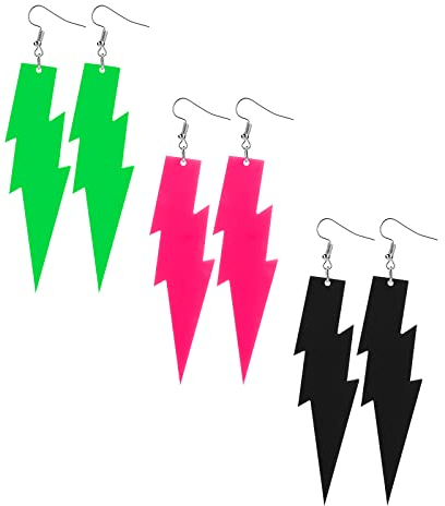 3 Paar Lightning Ohrringe Neon Grün Pink Schwarz Blitz Vintage Ohrringe 80er Lightning Bolt Ohrringe Acryl Lightning Ohrringe 80er Damen Mädchen Ausgefallene Accessoires Halloween Neon Party