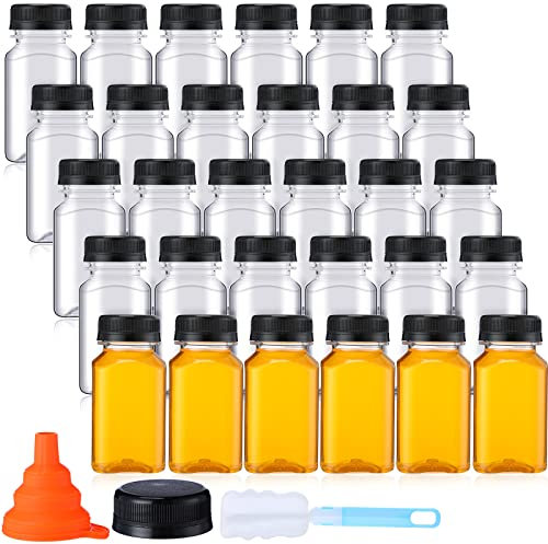 36 Pack 5 oz Plastic Juice Bottles Bulk with Lids Reusable Transparent Clear Drink Containers Caps Mini Bulk Beverage Water Bottle with Funnel and Brush for Juicing Milk Drinking(Black Lid)