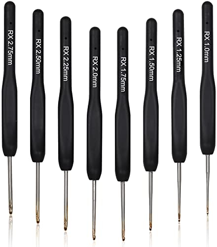 Aeelike 8 Stücke Häkelnadel Set Spitze Häkelnadel, Mini Häkelnadeln Set mit Schwarz Weichen Griff, Feine Häkelnadeln mit Ergonomische Dünn Griff, 1,0-2,75 mm Kleine Größe Häkeln Set für Anfänger
