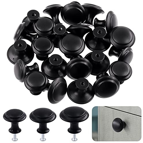 Wokape 30 Pack Matte Stainless Steel Black Round Kitchen Cabinet Knobs Kit, Including 0.9 Inch Drawer Knobs Dresser Knobs with Screws, Drawer Pulls Door Knobs Handles Knobs for Dresser Drawers