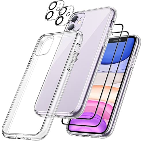JETech 5 in 1 Case for iPhone 11 6.1-Inch, with 2-Pack Screen Protector and 2-Pack Camera Lens Protector, Non-Yellowing, Full Coverage Tempered Glass Film, Shockproof Bumper Phone Cover (Clear)