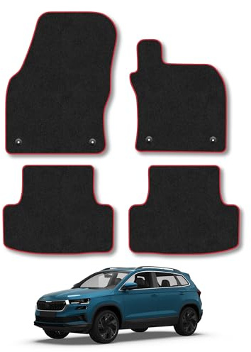 Skoda Karoq (2017+) Carpet Car Mats | Red Edge Trim Tailored Fit Floor Mats Full Coverage Protection Accessories Easy Clean Anti Slip Made in the UK