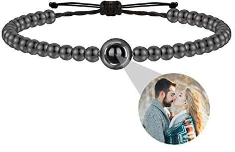 Personalisierte Foto Armband Rund Perle Projektion Armband mit Versteckte Bild im Stein Ich liebe dich Armband 100 Sprachen für Damen Herren Freunde Paar Gedenkfeier Geschenk Silber RoseGold Schwarz