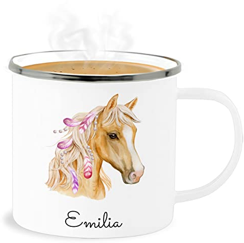 Emaille Becher Blechbecher - Pferd Pferde - Pferdekopf - 300 ml - Weiß Silber - tasse emaille+tasse+kinder+personalisiert pferden pferdemotiven tassen kinder pferdemotiv mädchen reiten