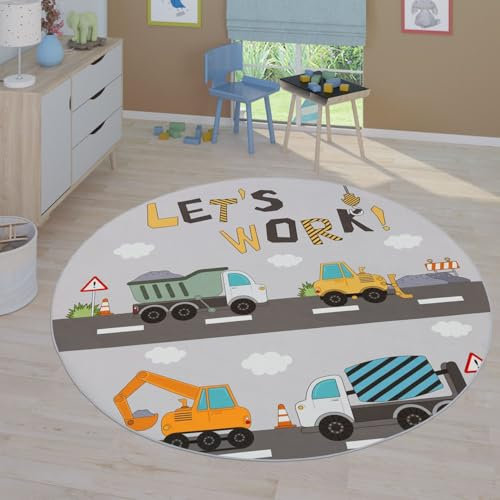 TT Home Kinderzimmerteppich Teppich Junge Mädchen Kinderteppich Baby rutschfest Straße, Farbe:Grau Gelb Creme, Größe:160 cm Rund