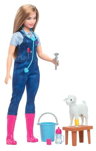 Barbie-Puppe zum 65. Jubiläum und 10 Zubehörteile, Hoftierärztin-Set mit Blonder Tierärztin-Puppe, Lamm mit bewegbaren Ohren und mehr, HRG42