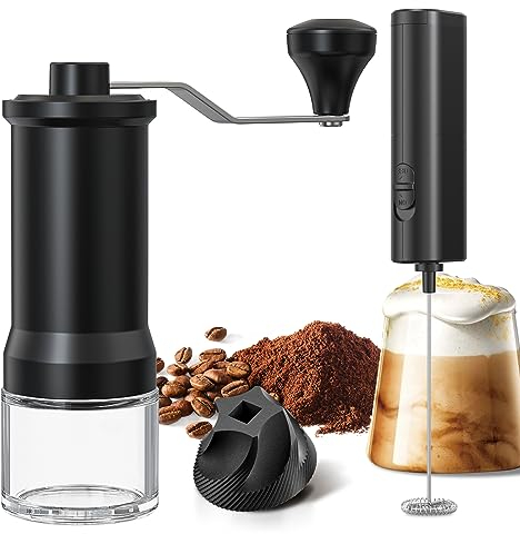 CIRCLE JOY Espumador de Leche Eléctrico y Molinillo Manual de Café con Muela de Cerámica,Batidor de Leche a Batería y Molino de Café Portátil,Regalos para Amantes del Café (AGS-KMDJ-D)