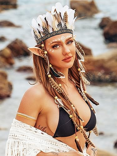 Fashband Indische Feder Krone Stirnband Boho Quaste Kronen Kopfschmuck Tribal Festival Party Headwear Haarschmuck für Frauen (Weiß)