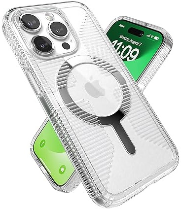 Speck Transparente Schutzhülle für iPhone 15 Pro – Schlank, gebaut für MagSafe, Fallschutzgriff – Kratzfest, vergilbungsfrei, 6,1 Zoll – GemShell Grip Clear