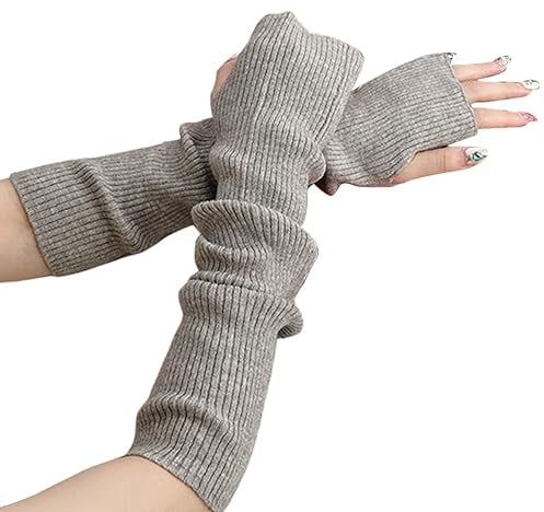 Suxgumoe Damen Winter Armstulpen und Stricken Handschuhe, Lange Fingerlose Pulswärmer Handwärmer Stulpen (Hellgrau)