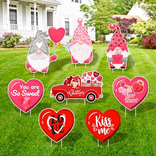 Arosche Large Valentines Day Yard Signs 8pcs with Stakes Gnomes Hearts Truck Garden Decorations Outdoor Holiday Welcome Signs for Valentines Day Themed Festival Party Supplies, Lawn, Garden Yard Decor