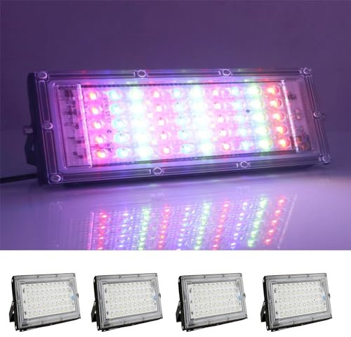 MODOAO Lot de 4 projecteurs d'extérieur RVB à changement de couleur avec télécommande, 50 W 4800 lm, lumière extérieure LED IP66, étanche IP66, pour cour, jardin, garage, pelouse, cour